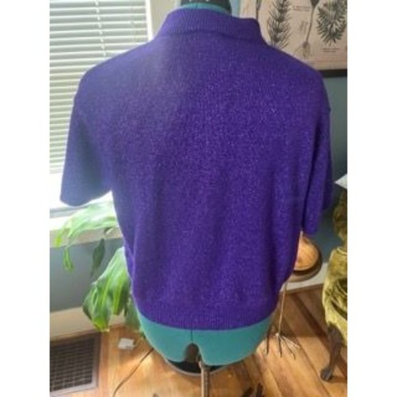 Vintage 80s Purple Glitter Pullover Short-Sleeve Stretchy Sparkly Sweater - Picture 2 of 6